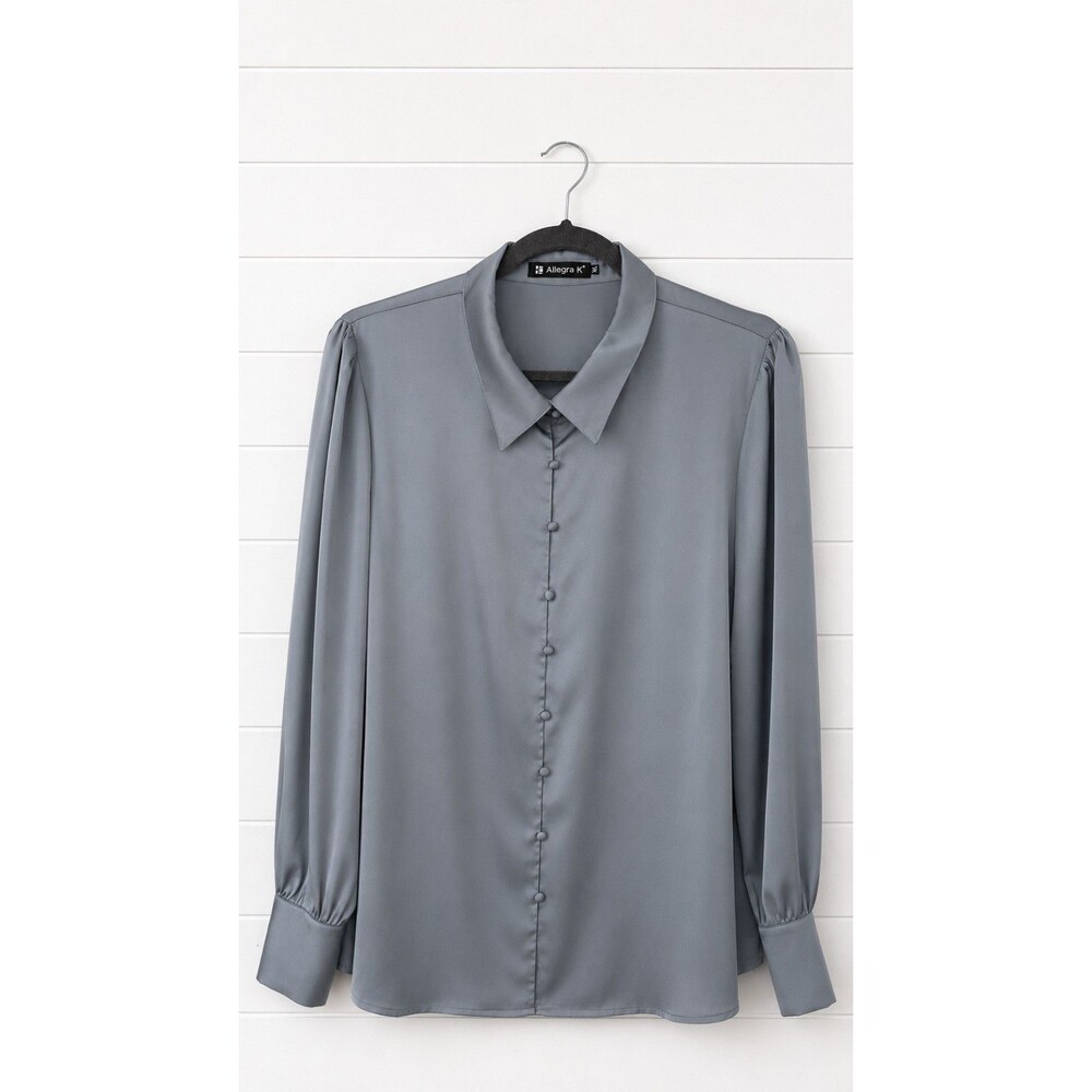 Allegra K Button Up Satin Shirt Collared Womens X Large Dusty Blue
